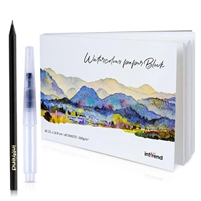 Abbildung von int!rend Aquarellpapier A5 300 g/m² 40 Seiten Aquarellblock Malpapier mit Wassertankpinsel &amp; Bleistift Aquarell Papier zum Malen Watercolor Paper Block