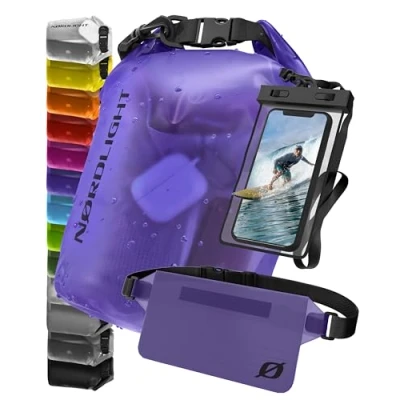 Abbildung von Nordlight wasserdichte Tasche 3er Set (Lila) Dry Bag 20l + Handyhülle Hüfttasche IPX8 Schutz Mit Verstellbaren Gurten Für Strand, Stand Up Paddling