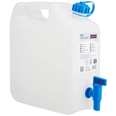 Abbildung von hünersdorff 817500 Wasserkanister ECO mit festmontiertem Ablasshahn / Wasserauslauf, 12 L (mit Hahn), Weiß