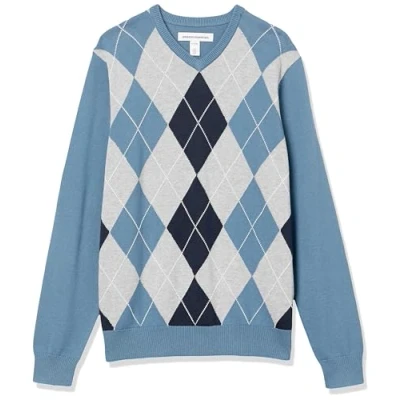 Abbildung von Amazon Essentials Herren Pullover mit V Ausschnitt (in Übergröße erhältlich), Blau Rauten, XXL