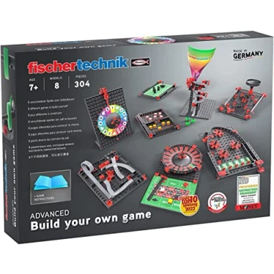 Abbildung von fischertechnik 564067 ADVANCED Build your own game Baukasten für Kinder ab 7 Jahren, Konstruktionsspielzeug, Spielesammlung mit Roulette, Glücksrad &amp; Labyrinth, Schwarz