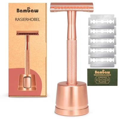 Abbildung von Bambaw Rasierhobel Damen und Herren mit Ständer &amp; 5 Rasierklingen Metall Rasierer Frauen Intimbereich Eco Rostfrei Safety Razor