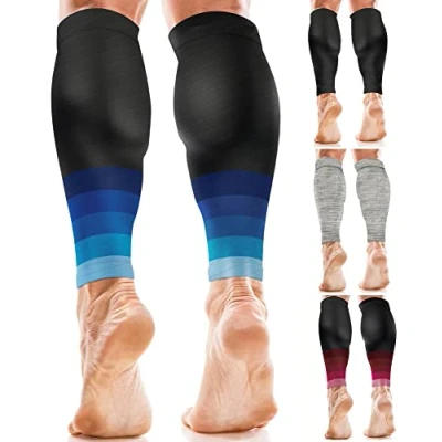 Abbildung von aZengear Wadenbandage Muskelfaserriss für Herren, Damen, Fußlose Waden Kompressionsstrümpfe zur Abhilfe bei Schienbeinkantensyndrom und Krämpfen, Sport (Schwarz mit Marineblau, S/M)