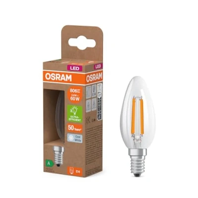 Abbildung von Osram Energy Class LED Lampe in klassischer Minikerzenform, 3.8 W / 806 lm, EEK A, kaltweißes Licht (4000 K), CRI 80, aus klarfarbenem bleifreiem Glas, E14 Sockel, IP20, 35 mm Durchmesser.