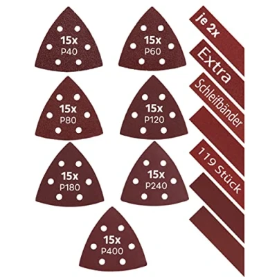 Abbildung von KSP Tec│105 Stück Delta Schleifdreiecke + 14 Schleifstreifen │93 x 93 mm │Deltaschleifer Schleifpapier Dreieckschleifer│Klett Schleifpads Multischleifer (93 93mm)