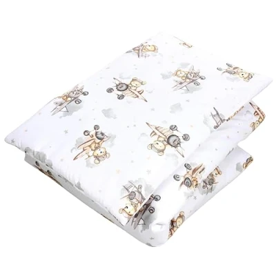 Abbildung von TupTam Kinder Gemusterte Bettdecken Set Ganzjahresdecke Bettdecke Kopfkissen Flachkissen 2tlg., Farbe: Bärchen im Flugzeug/Weiß/Beige, Größe: 135x100 cm