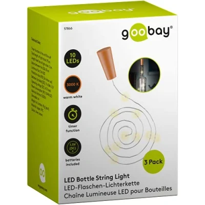 Abbildung von goobay 57866 3 x 10 LED Flaschenlichterkette, Flaschenlicht Zum Einlegen in Flaschen, Timerfunktion/Zeitschalter, mit Batterien im Korken, 1m, Transparent, Klar