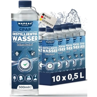 Abbildung von CPAP destilliertes Wasser für Gerät, keimreduziert Sauerstoffgerät, Inhalator, Luftbefeuchter, Atemgas Befeuchtung, Mapeau (10x 500ml)