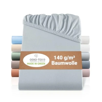 Abbildung von BaSaTex Bio Jersey Spannbettlaken 120x200 cm Spannbetttuch aus 100% Baumwolle GOTS Zertifiziert Farbe: Hellgrau