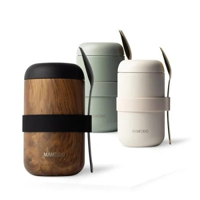 Abbildung von MAMEIDO Thermobehälter für Essen 500ml, Müslibecher to go Edelstahl, Thermobecher auslaufsicher, Ideal Joghurt, Porridge, Babybrei, Suppen &amp; Eis (Oak Wood, 0,5l)