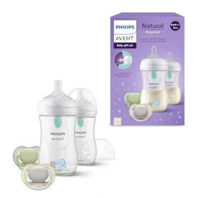 Abbildung von Philips Avent Natural Response Geschenkset für Babys: 2x Flaschen mit AirFree Ventil 260 ml (ab 1 Monat), ultra air Schnuller (0 6M) (Modell SCD657/12)