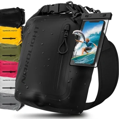 Abbildung von Nordlight Dry Bag wasserdichte Tasche mit Handyhülle + Roll Top, Schultergurt Drybag wasserfester Rucksack Beutel Packsack Seesack Wassersack Wetbag Baden Schwimmen Strand SUP Schwarz, 5 Liter