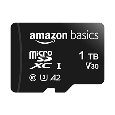 Abbildung von Amazon Basics MicroSDXC, 1 TB, mit SD Adapter, A2, U3, Lesegeschwindigkeit bis zu 100 MB/s, Schwarz