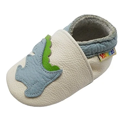 Abbildung von YALION Premium Weich Leder Babyschuhe Krabbelschuhe Lauflernschuhe Hausschuhe mit Dinosaurier Weiß, EU 22/23=L