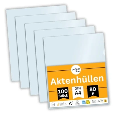 Abbildung von perfect line 100 Aktenhüllen DIN A4 80 my stark, transparent, glasklar Top Qualität dokumentenecht, säurefrei