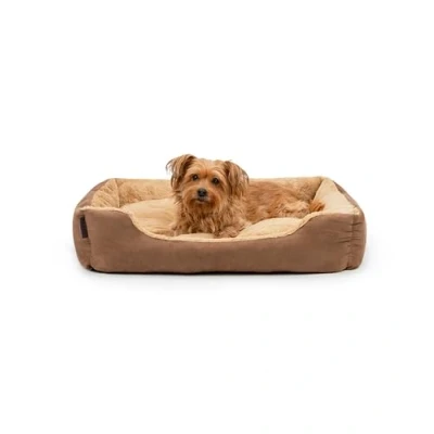 Abbildung von lionto Hundebett mit Wendekissen und Rutschfester Unterseite, Robustes Heimtierkissen tiefem Einstieg für Hunde Katzen jeden Alters, 75x60 cm, kuscheliges Hundekissen, braun/beige