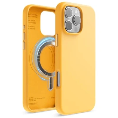 Abbildung von elago Magnetisch Silikon Hülle Kompatibel mit iPhone 16 Pro Max 6,9 Zoll, Allen MagSafe Zubehör Eingebaute Magnete, Soft Grip Silikon, Stoßfest (Sunshine)