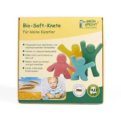 Abbildung von GRÜNSPECHT Bio Soft Knete, 4 Farben aus natürlichen Rohstoffen, Lebensmittelqualität, weich, mischbar, gelb, rot, grün, blau, Knete Zubehör, Set, Kinderknete (680 00)