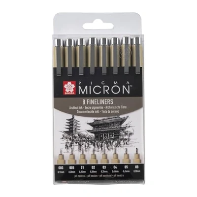 Abbildung von SAKURA Pigma Micron Fineliner Set (8 Stück) wasserfeste, permanente schwarze Tinte, verschiedene Größen Stifte zum Schreiben, Zeichnen und Tagebuch führen