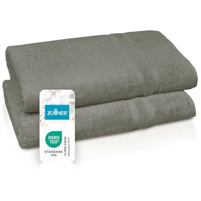 Abbildung von ZOLLNER 2er Set Saunatücher in 70x180 cm Flauschige Handtücher aus Baumwolle mit moderner Streifenbordüre bis 60C waschbar praktischem Aufhänger Taupe Hotelqualität