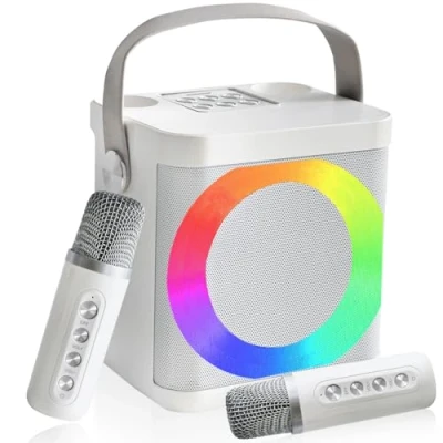 Abbildung von Karaoke Maschine für Kinder, Tragbarer Mini Bluetooth Set Lautsprecher mit 2 kabellosen Mikrofonen und LED Lichtern Heimparty, Geburtstags Geschenke Mädchen Jungen
