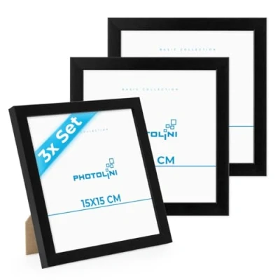 Abbildung von PHOTOLINI Bilderrahmen 15x15 cm Schwarz MDF Holz, 3er Set Posterrahmen, bruchsicheres Acrylglas, zum Aufhängen &amp; Aufstellen, extra Zubehör für Fotos, Bilder Poster