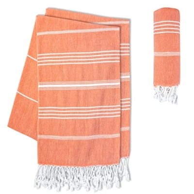 Abbildung von LAYNENBURG 2er Set Premium Hamamtuch mit handgeknüpften Fransen 100% Baumwolle XXL Strandtuch 100x200 cm Oeko TEX 100 Strandhandtuch groß Saunatuch &amp; Reisehandtuch (Coral)