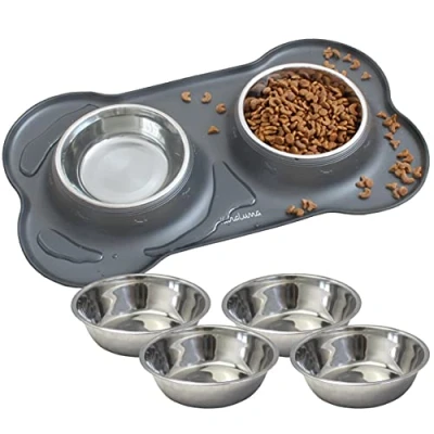 Abbildung von KaraLuna Napfunterlage aus Silikon mit Edelstahl Futternapf I Für Katzen &amp; Hunde (200ml, Grau)