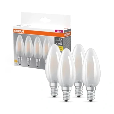 Abbildung von OSRAM LED BASE B40, Vorteilspack mit 4 Leuchtmittel, ersetzt herkömmliche 40W Glühbirnen, 4W, warmweiß (2700K), mattes Glas, nicht dimmbar, Kerzenform, E14, White