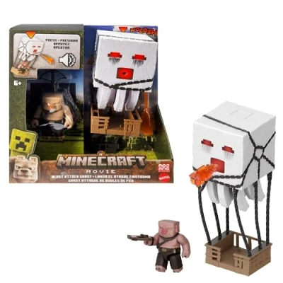 Abbildung von Mattel Minecraft Actionfigur Set, Ghast mit Feuerattacke, Lichter, Geräusche, Starter und Projektil, Piglin Krieger, vom Film inspiriert, JFB69