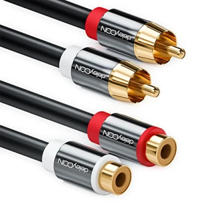 Abbildung von deleyCON 5m Cinch Verlängerung RCA Verlängerungskabel Stereo Audio Kabel 2x Stecker zu Buchse vergoldete Metallstecker Schwarz