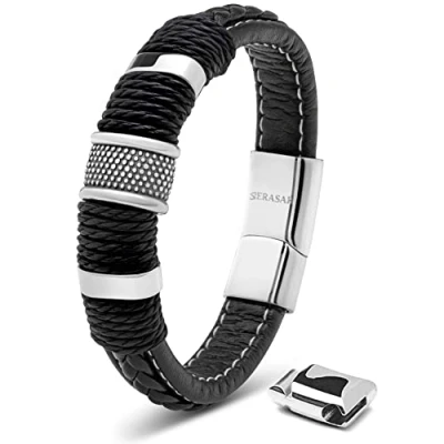 Abbildung von SERASAR Herren Armband 20cm Silber Männer Leder Armreif Lederband Herrenarmreif Armschmuck Schmuck Herrenschmuck Armkette Flecht Wickelarmband Armbändchen Bracelet