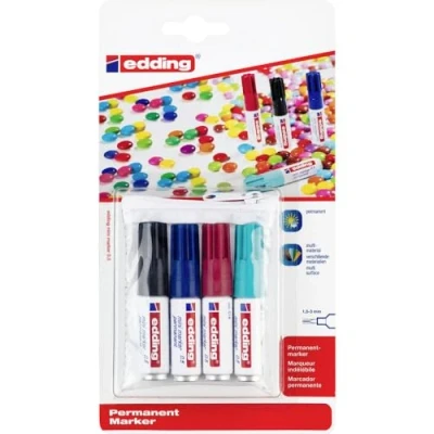 Abbildung von edding 0.5 mini permanent marker schwarz, blau, türkis, rot 4 Stifte feine Rundspitze 1 mm wasserfest, schnelltrocknend wischfest für Karton, Kunststoff, Holz, Metall