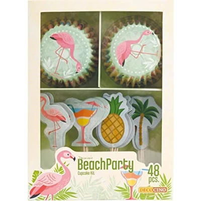 Abbildung von DECOCINO Muffin Set BeachParty 48 tlg. 24 Cupcake Förmchen mit Ø 5 cm &amp; Topper aus Papier, ideale Deko für Kindergeburtstage Mottopartys