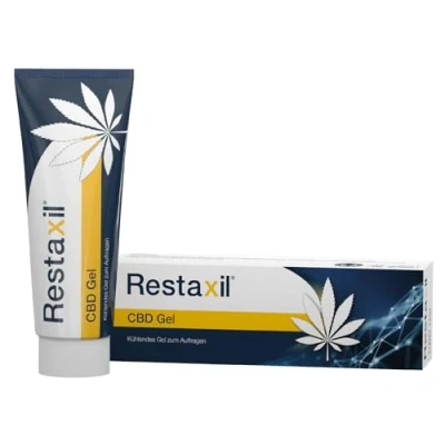 Abbildung von Restaxil® CBD Gel mit reinem angereichertes, kühlendes enthaltenes Menthol unterstützt beanspruchte Muskelpartien 120 ml