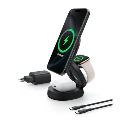 Abbildung von Belkin 3 in 1 Kabellose Ladestation (15W), MagSafe kompatibel, Qi2 zertifiziert, kabelloses Ladegerät für iPhone 16, 15, 14, Apple Watch, AirPods, Rutschfester Sockel, inkl. 36 W Netzteil Schwarz