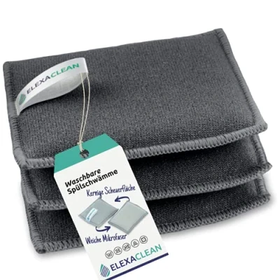 Abbildung von ELEXACLEAN Spülschwamm Topfreiniger Schwämme (3er Set, 12x10 cm, Dunkel Grau) waschbar zum wiederverwenden, mit Mikrofaser Neu: Große Version