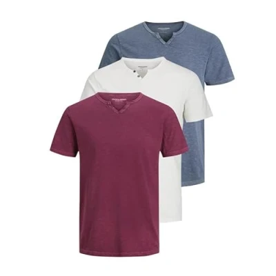 Abbildung von JACK &amp; JONES Herren JJESPLIT Neck Tee SS 3PK MP Pack A: Port Royale, Flint Stone, Cloud Dancer, M (EU)