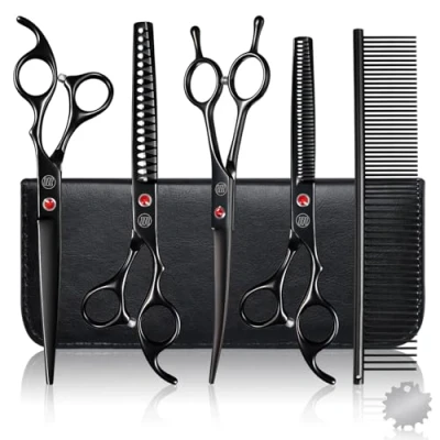 Abbildung von Moontay Hundeschere Set Profi, 440C Edelstahl Fellschere für Hunde, Gerade Schere, Gebogene Effilierschere, Fischgräten Kamm, Einstellwerkzeug, Reinigungstuch und Tasche, Schwarz