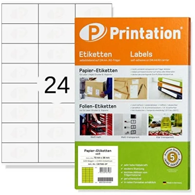 Abbildung von Printation Adressetiketten selbstklebend 70 x 36 mm Internetmarke weiß 2400 Adressaufkleber 70x36 zum bedrucken auf 100 DIN A4 Bogen 3x8 24 Klebeetiketten pro Blatt 3475 3490 6122 4453 la131 FBA