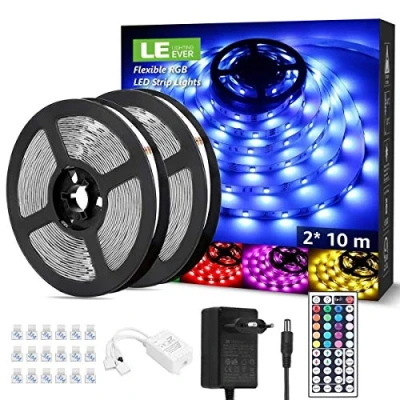 Abbildung von LE LED Strip 20M(2x10M), RGB Streifen Band, 5050 SMD 600 LEDs Stripes für Weihnachten, 12V Selbstklebend Lichtband mit Fernbedienung, Flexibel Leiste, Lichterkette Haus, Party, Bar, TV