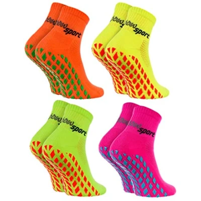 Abbildung von Rainbow Socks Neo ABS Sport Damen Herren Neon Sneaker Stopper Socken 4 Paar Orange Grün Gelb Rosa Größen 36 38