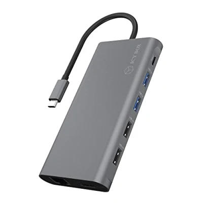Abbildung von ICY BOX USB C Docking Station (12 in 1) für 3 Monitore (2x HDMI &amp; 1x DP), 4K 60HZ, fach 3.0 HUB, 100W Power Delivery, Gigabit Ethernet, Kartenleser, Grau