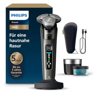 Abbildung von Philips Rasierer i9000, Elektrischer Nass und Trockenrasierer für Männer mit integriertem Trimmer, dunkelgrau, Reinigungsstaion, Ladestation Reiseetui (Modell X9002/30)