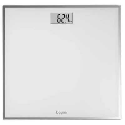 Abbildung von Beurer GS 120 Kompakt Glaswaage mit elegantem Spiegeleffekt in platzsparendem Kompaktformat, 27 x 26 cm, gut lesbare LCD Anzeige, Ziffernhöhe 22 mm, flache Digitalwaage, Tragkraft bis 150 kg