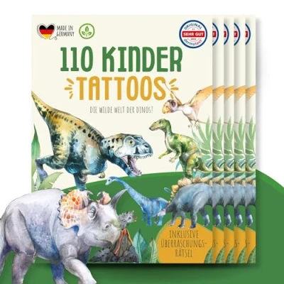 Abbildung von MeinBaby123 550 hautfreundliche Kinder Tattoos mit Dinos, Dinosaurier Tattoo, Kindertattoos zum Aufkleben, Geschenk für Kinder, vegan &amp; made in Germany (5x Dinos)