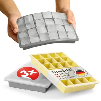 Abbildung von Blumtal Eiswürfelformen Silikon 3er Set 24er Eiswürfelform mit Deckel BPA freie Ice Cube Tray lebensmittelecht Grau + Gelb
