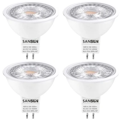 Abbildung von SANSUN 5 W MR16 LED Leuchtmittel, 12 V 50 Halogen Ersatz, GU5.3 Bi Pin Sockel, Tageslichtweiß 4000 K, nicht dimmbar, 4 Stück