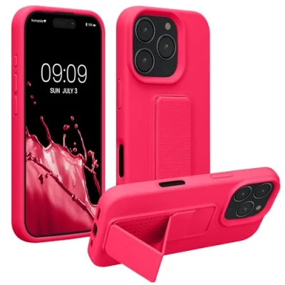 Abbildung von kwmobile Handyhülle kompatibel mit Apple iPhone 16 Pro Hülle Fingerhalter und Standfunktion Silikon Case Handy Cover in Neon Pink