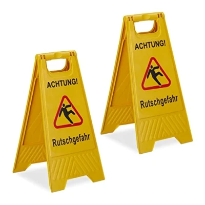 Abbildung von Relaxdays Rutschgefahr Aufsteller, 2er Set, klappbar, beidseitig beschriftet, Kunststoff, Warnschild vor Glätte, gelb